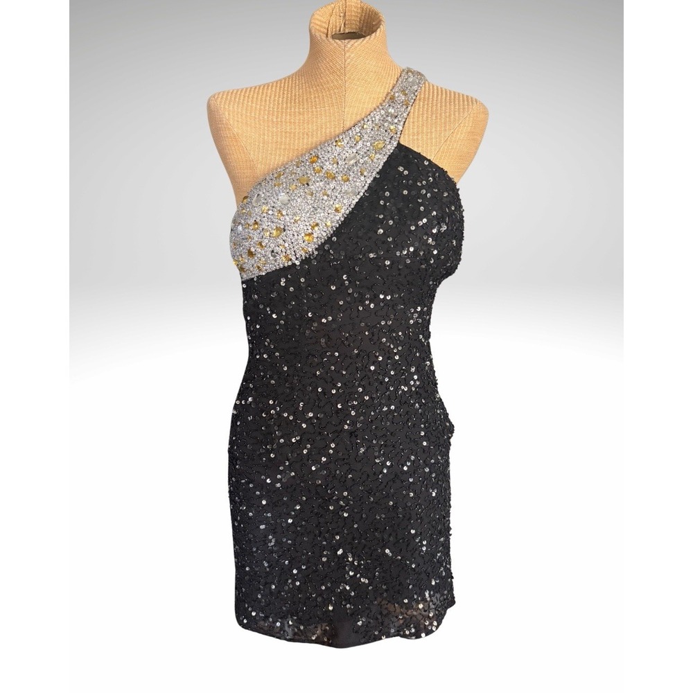 Vtg Scala Dress 100% Silk Sequin Beaded Formal Evening Mini Black Silver Size 2
